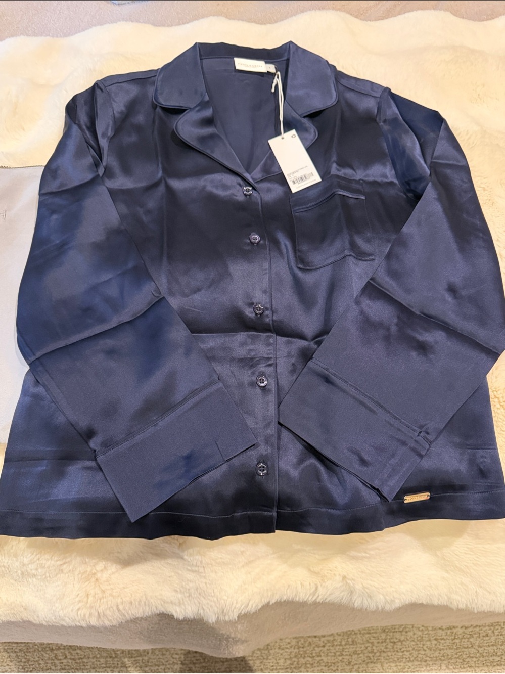 Cozy Earth Navy Silk Long Sleeve Pajama Top